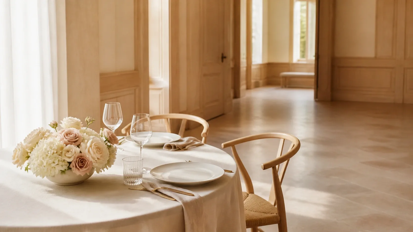 Centre de table bas en fleurs artificielles ivoire et feuillage sur une table de réception de mariage élégante, avec vaisselle et passage dégagé.