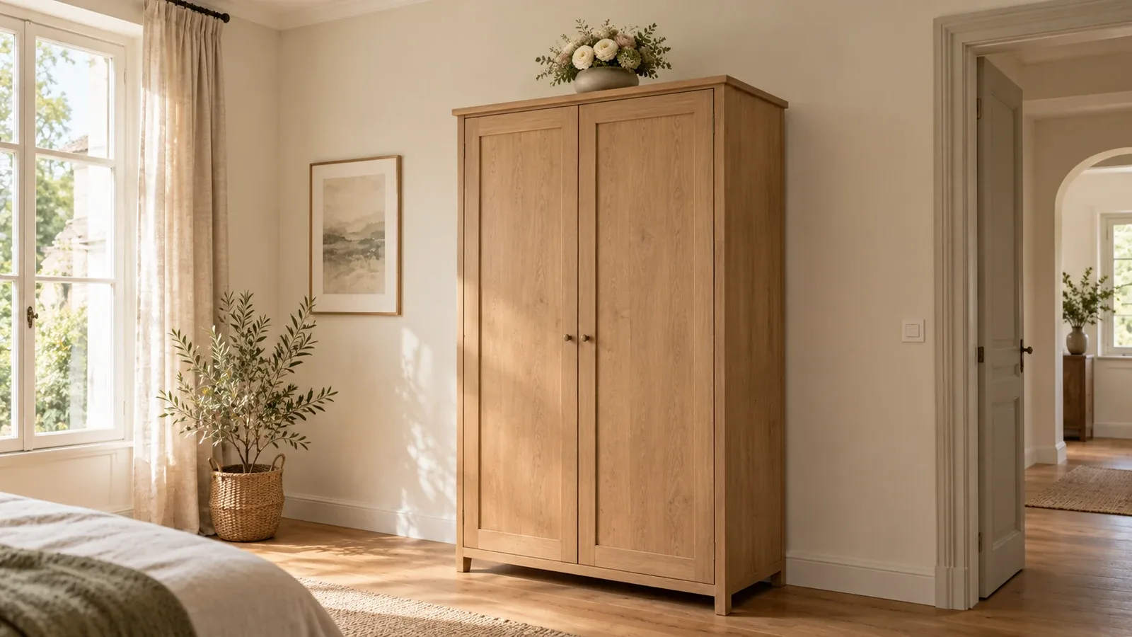 Petite composition de fleurs artificielles ivoire et rose dans une coupe beige sur le dessus d’une armoire haute en bois, avec un espace libre sous le plafond et des portes dégagées.