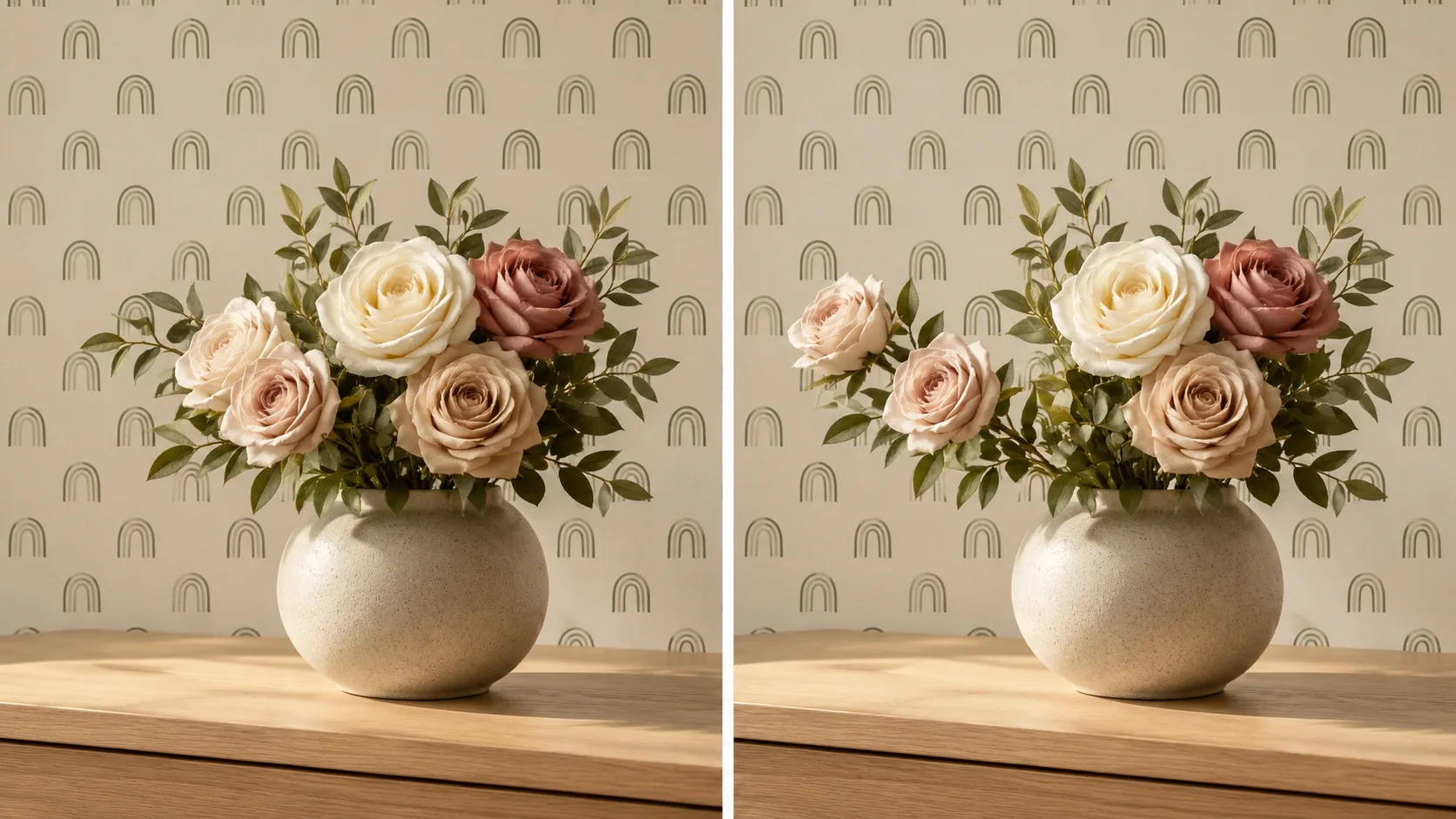 Diptyque illustrant le même bouquet artificiel devant un papier peint à arches, avec une masse florale latérale réorientée pour dégager un espace entre les fleurs.