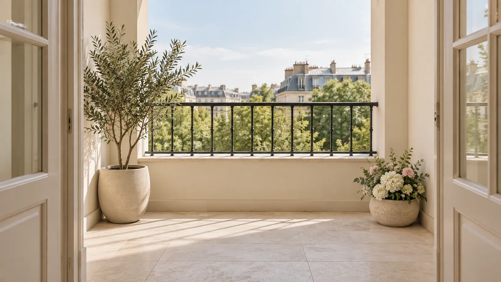 Petit balcon ouvert avec plantes artificielles en pots au sol, fleurs ivoire et rose pâle, et passage dégagé devant la porte-fenêtre.