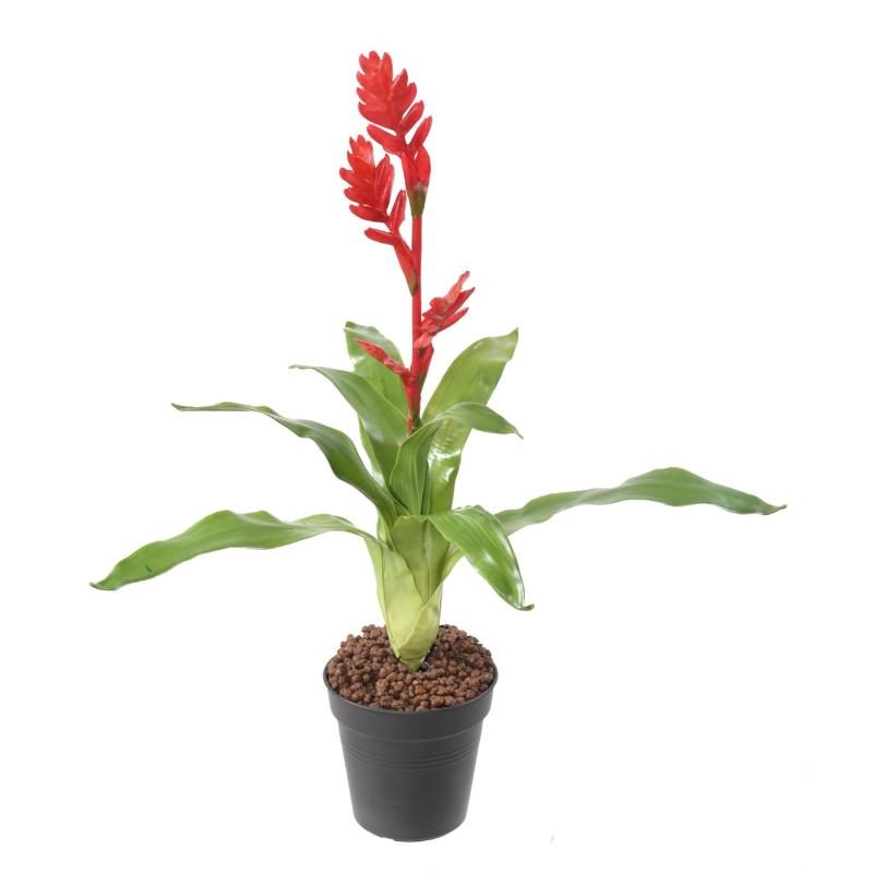 Bromélia artificiel rouge avec fleurs et feuillage en PE